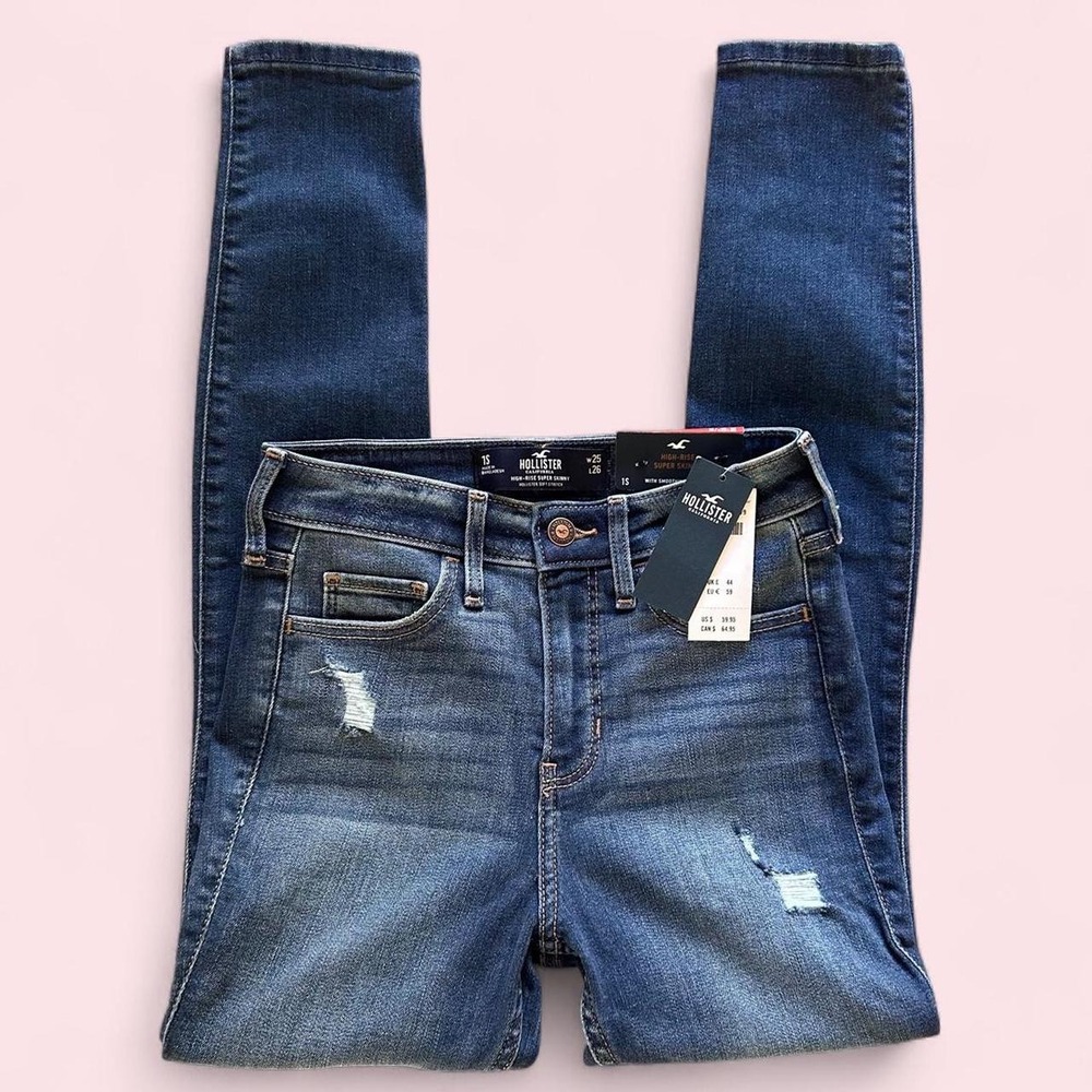 Hollister High Rise Super Skinny Jeans Distressed Blue Denim W25 L26 1S NWT